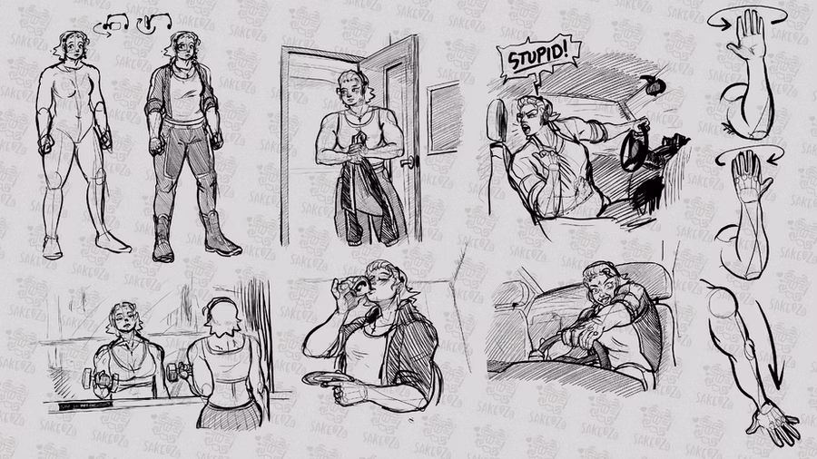 This image is a character design sheet featuring various sketches of a buff female character in different poses and actions. On the top left side, there are two full-body sketches of the character. One is a basic outline of her body, while the other shows her in casual clothing, including a jacket, tank top, pants, and boots. Above her head, there are a few small sketches showing different hairstyles or expressions. Bottom-left side, looking at herself lifting weight. Center-top, she enters holding a jacket. Center-bottom, she sips tiny tea cup, holding tiny teacup plate. Upper-right, she is having road rage as a driver, she turns back and signs angrily, "STUPID!" as her headphone yells out for her verbally. Bottom,-right, showing her adrenaline junkie side, driving crazily happily. Furtherest on the right side shows a few different arm positions to show her tech tattoo design.