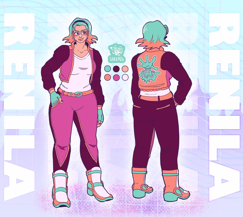 Character turnaround of Renila from Race Against Tempium, front and back views in a cropped dark jacket with an orange splash logo, magenta pants and white boots, with her name in large letters on both sides and a color palette.