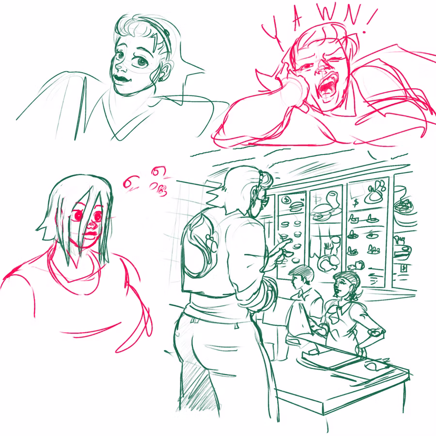 Green and red line sketches of Renila from Race Against Tempium, including a smirking portrait, a loud yawn labeled "YAWN," a startled close-up, and a scene of her ordering at a diner counter.