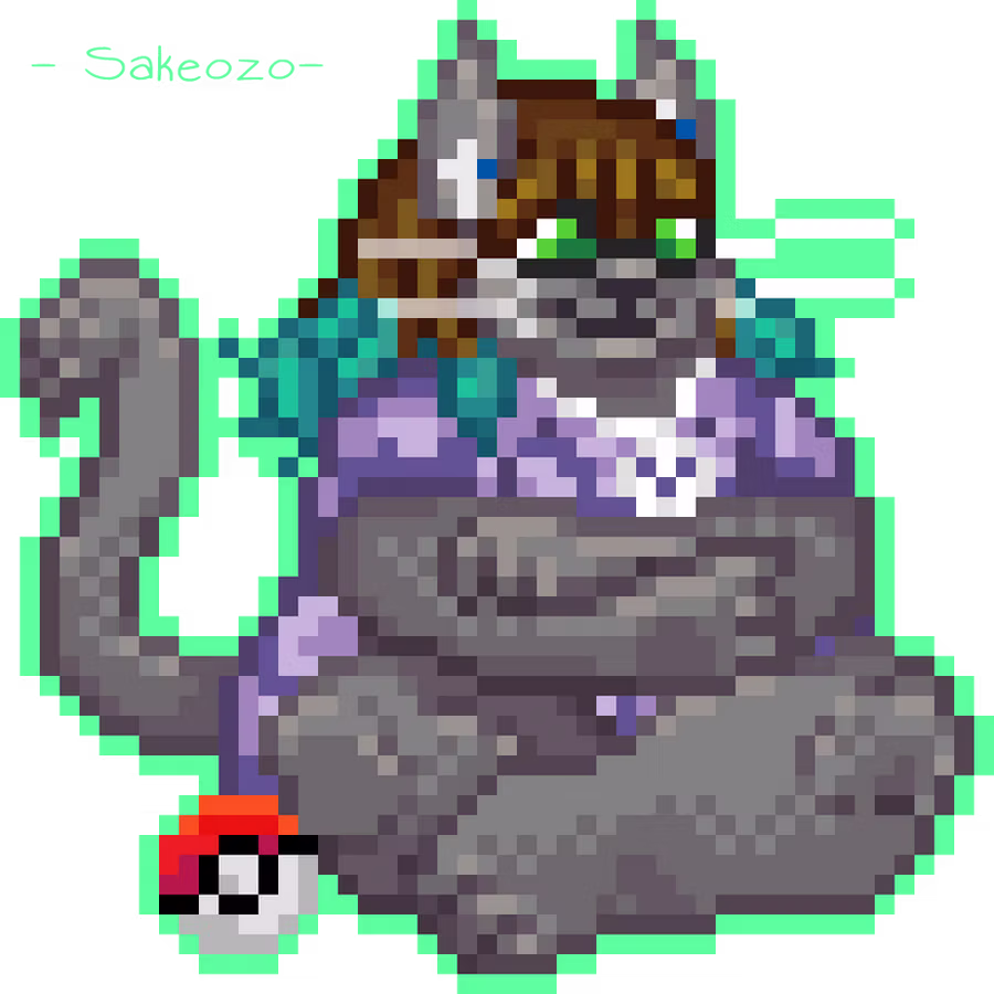 A pixel artwork showcasing a gray anthropomorphic gray cat sitting cross-legged. The cat has long brown hair with cyan colored accents towards the tips, they are wearing a purple shirt with a white pixelated kitty on it and purple pants. Next to them there is a Pokeball