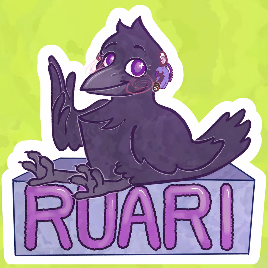 A dark dull purple-ish crow with cochlear implant and hearing aid on her, she is sitting on a box that says Ruari.