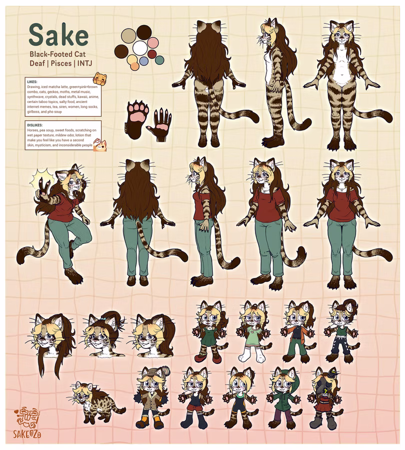 Character reference sheet for "Sake," a striped black-footed cat with long brown hair, shown front, back and side in a red shirt and green pants, plus a color palette, paw details and outfit variations.