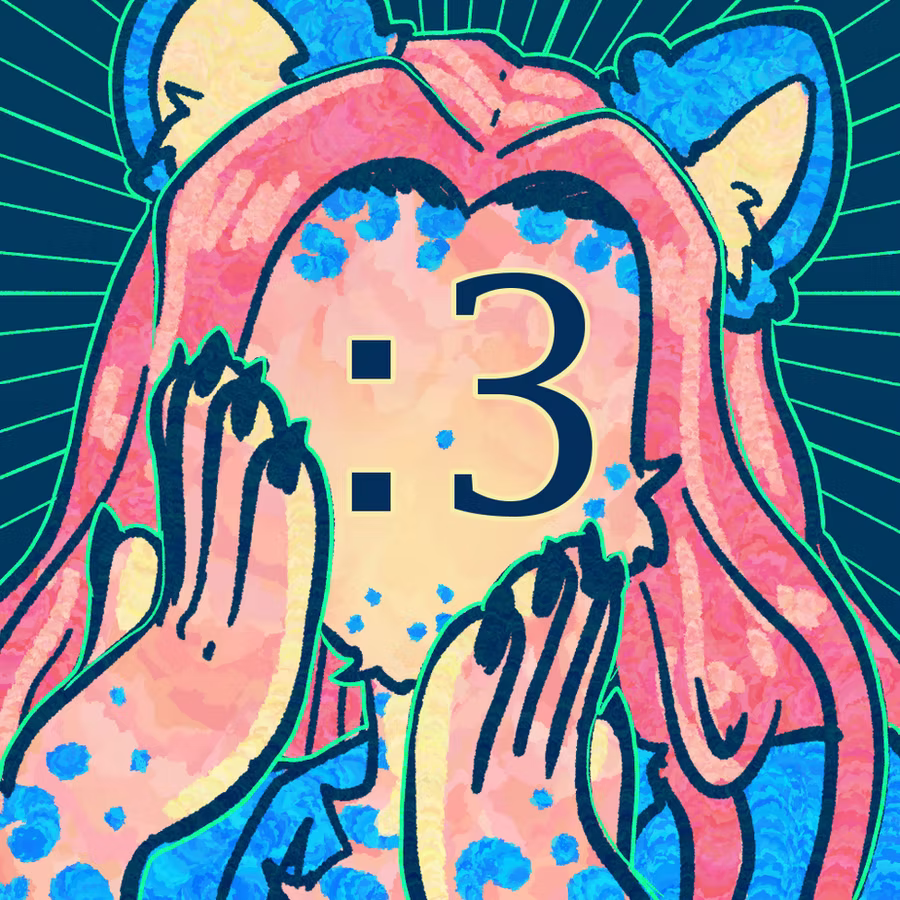 Cover art for the song "Semicolon" presenting a faceless anthropomorphic leopard with long hair. In place of a face ": 3" appears instead. The leopard is holding their hands on their face cutely. The leopard is a peachy pink-orange color with yellow undertones with pink hair and blue spots and ears as well as a blue jacket.