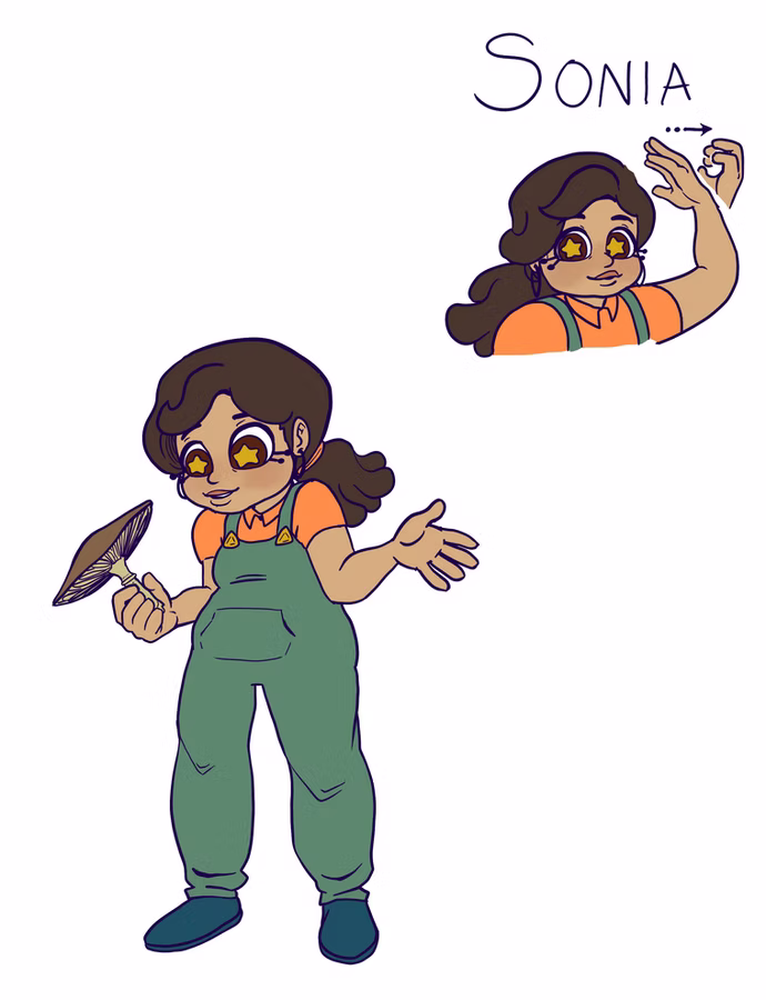 Character sheet titled "SONIA" from Night Facets showing a girl with long wavy brown hair, starry eyes, an orange shirt and green overalls holding a mushroom, plus a head study with hands signing.