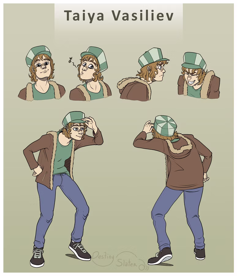 A character reference sheet for Taiya Vasiliev. The top row contains four headshots: a pleasant smile, a whistling face, a serious profile, and a laughing expression. He has a shoulder-length long wavy brown hair and wears a green-and-white striped boxy cap. Below, two full-body views show him from the front and back in a slightly hunched. He is dressed in a brown jacket with a fur-lined hood, a green shirt, dull blue jeans, and black-white sneakers. A credit for Destiny Slater is at the bottom right.