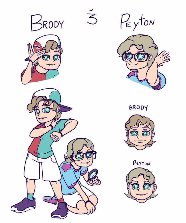 Character sheet titled "Brody & Peyton" for Night Facets, showing twin brothers with green eyes, one in a backwards cap saluting and one with glasses holding a magnifying glass, plus head studies labeled with each name.