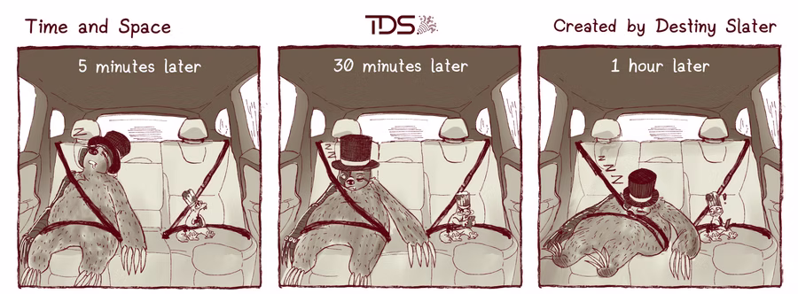 Three-panels of Cybersloth and Gecko. 

5 minutes, sloth is sleeping, gecko is looking outside of the car window. Both seat belt on. 

30 minutes later, cybersloth slightly melts down, gecko is immersed in her phone. 

1 hour later, Cybersloth is very much melted down that made gecko get surprised and looking at him.
