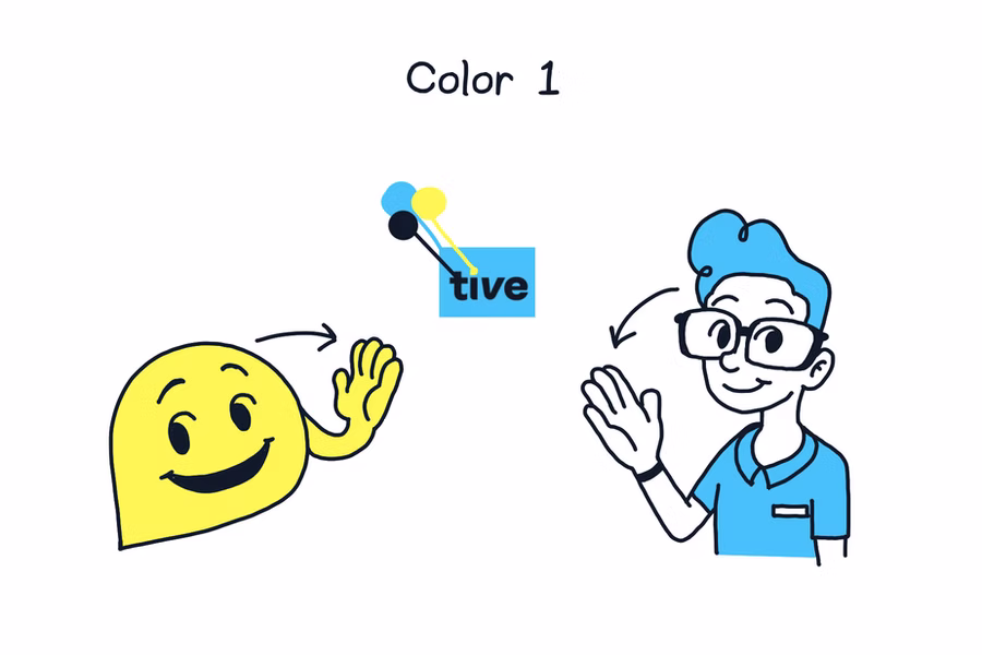 A design sheet showing color variations for the “tive” logo mascot (a yellow waving blob) and several VRS ASL interpreters in professional attire. The panels explore different hair colors, outfits, and background contrasts to test brand consistency.