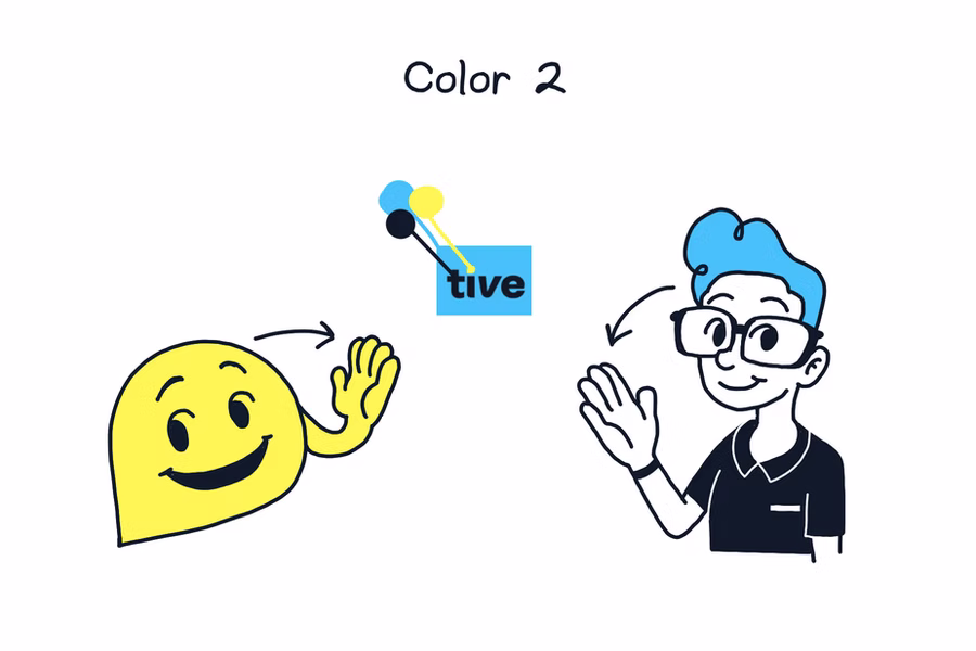 A design sheet showing color variations for the “tive” logo mascot (a yellow waving blob) and several VRS ASL interpreters in professional attire. The panels explore different hair colors, outfits, and background contrasts to test brand consistency.
