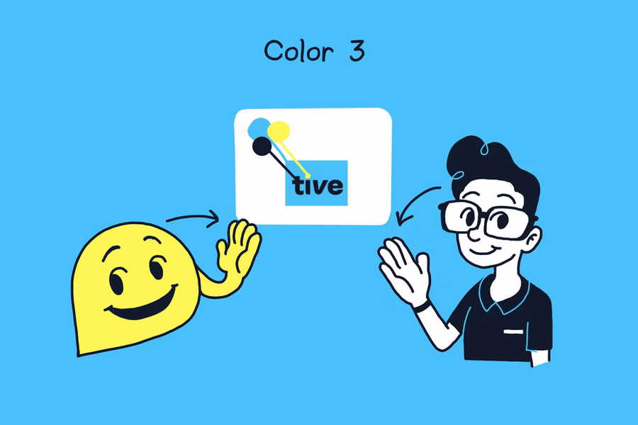 A design sheet showing color variations for the “tive” logo mascot (a yellow waving blob) and several VRS ASL interpreters in professional attire. The panels explore different hair colors, outfits, and background contrasts to test brand consistency.