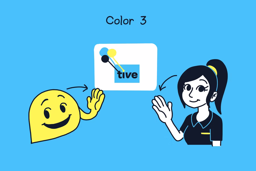 A design sheet showing color variations for the “tive” logo mascot (a yellow waving blob) and several VRS ASL interpreters in professional attire. The panels explore different hair colors, outfits, and background contrasts to test brand consistency.