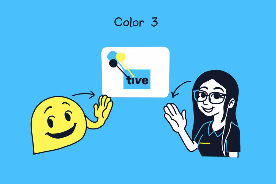 A design sheet showing color variations for the “tive” logo mascot (a yellow waving blob) and several VRS ASL interpreters in professional attire. The panels explore different hair colors, outfits, and background contrasts to test brand consistency.