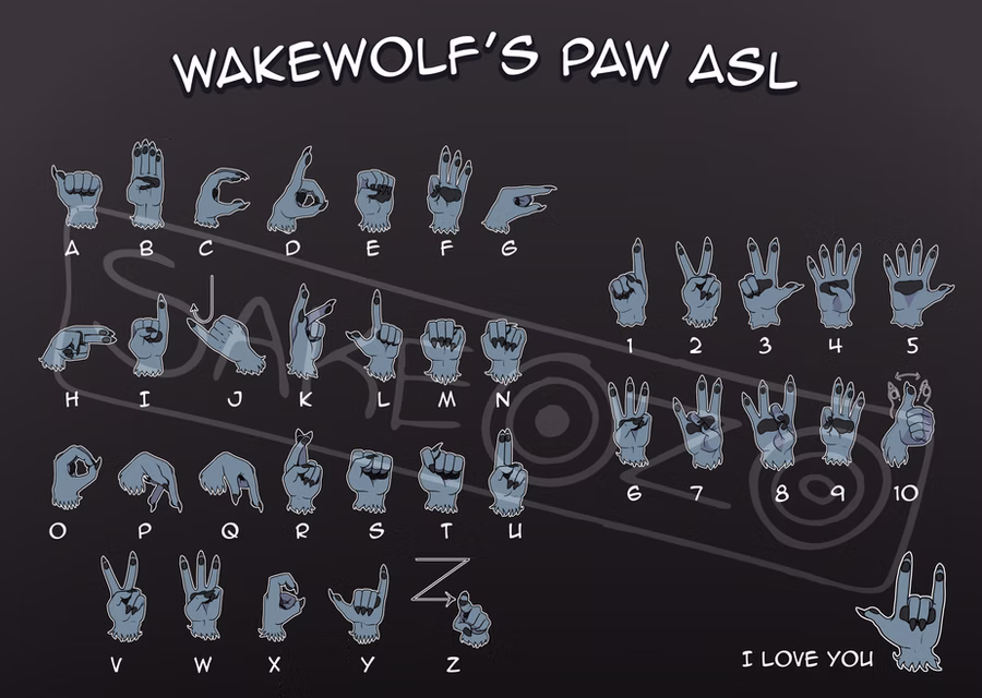 Wakewolf's grey wolf fursona paw signing alphabet and number from 1 to 10 with inclusion of "I love you"