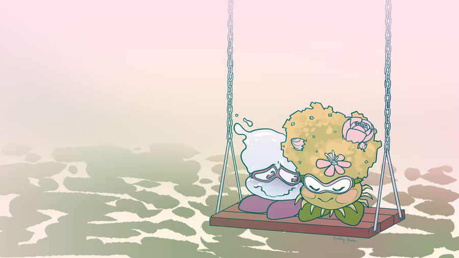 A blob-like water and plant characters, both with ski goggles, cuddling together on a wooden swing. The background is a watery, grass plain background.