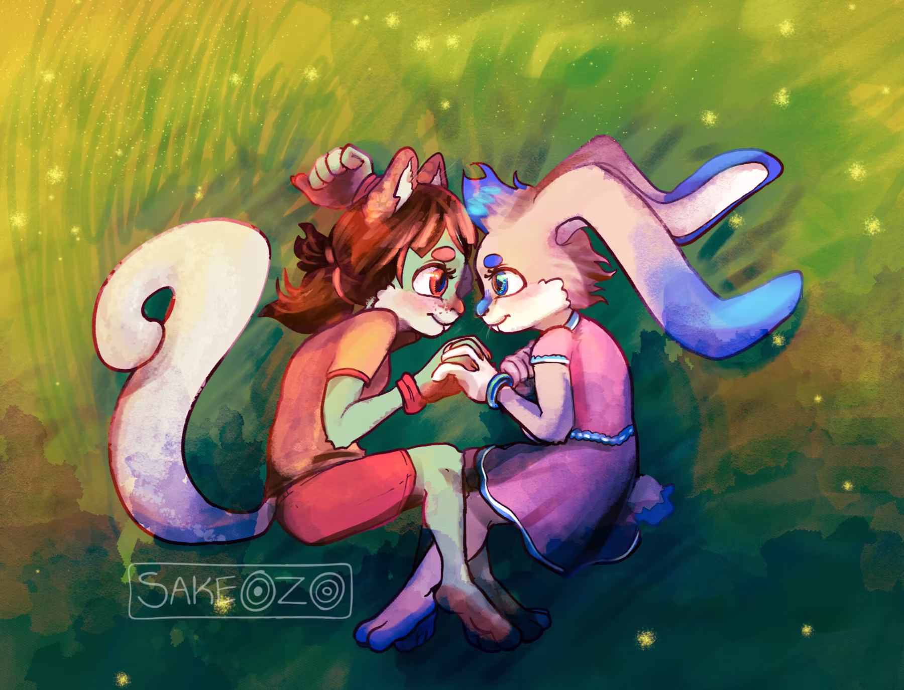 Two young girl anthropomorphic characters lying on a grassy field, gazing into each other's eyes with affection. The setting is bathed in a warm, glowing light that enhances the intimate and serene atmosphere.

The character on the left has a minty green squirrel, fluffy tail and is dressed in a short-sleeved orange shirt and shorts. She have brown hair tied back in pigtails. The character on the right is a rabbit with long, floppy ears with blue tips and is dressed in a pink dress with blue accents. They both have soft, expressive faces that convey a deep connection and tenderness.

The background is a vibrant mix of greens and yellows, with small glowing orbs scattered throughout, resembling fireflies or magical lights. The characters are holding hands, their fingers gently intertwined, further emphasizing the bond between them. The artist's signature, "SAKEOZO," is visible near the bottom left corner of the illustration.