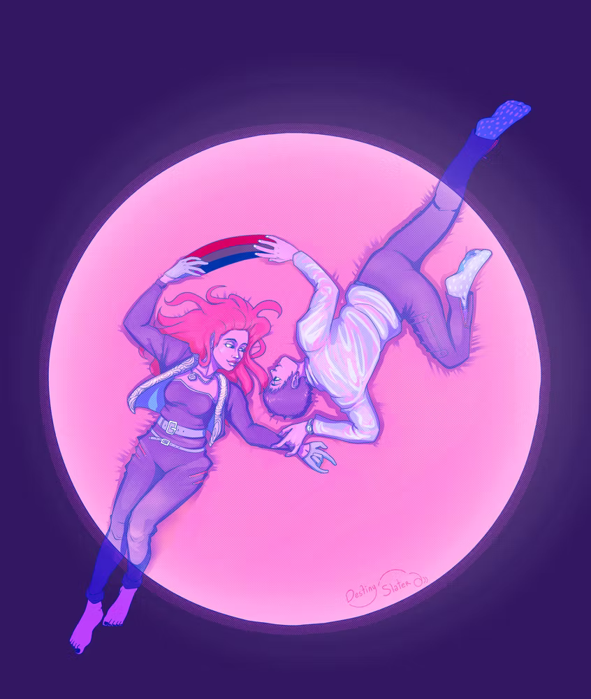 This illustration depicts a romantic and ethereal scene featuring two characters floating in front of a large, glowing pink circle against a deep purple background. Two women are facing each other and signing "I love you" and "rainbow" in sign language. They are surrounded by a soft, dreamy glow, enhancing the romantic atmosphere.

The woman has vibrant pink hair and is dressed in a dark outfit with a belt and a jacket. She reaches out towards another woman with a gentle expression. The other woman has short hair and is dressed in a long-sleeved shirt and pants. She is also barefoot, adding to the dreamlike quality of the scene.

A rainbow-colored stripe arcs between their hands, symbolizing bisexual pride and the shared connection between them. The overall color palette is a blend of purples and pinks, adding to the illustration's romantic and serene mood. The artist's signature, "Destiny Slater" is visible near the bottom right corner of the image.